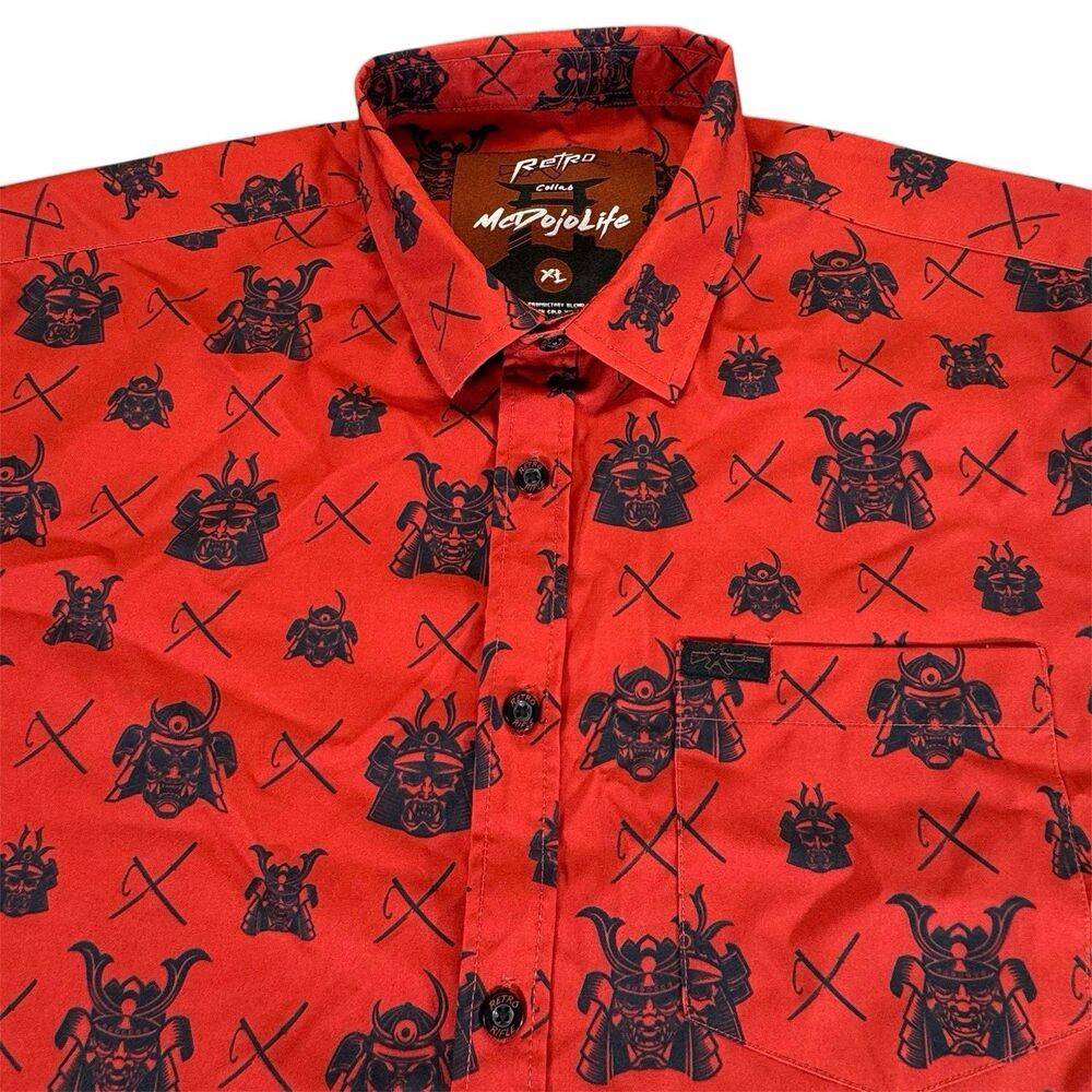 Retro Rifle Sz XL McDojoLife Mens Shirt Red Samurai All Over Button Down AOP